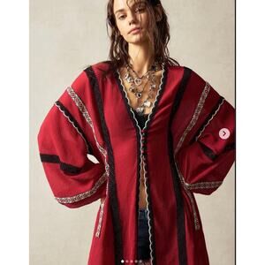 SHEIN Boho Embroidered Maxi Kaftan Duster - Dark Red Size L